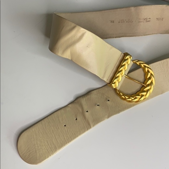 Vintage Wide Leather Cream Belt with circle weave Gold buckle - Picture 8 of 8